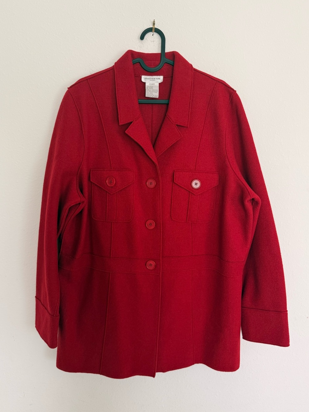 Vtg Jones New York Sport Red Wool Mid-Length Jacket Button Front Collared 1X